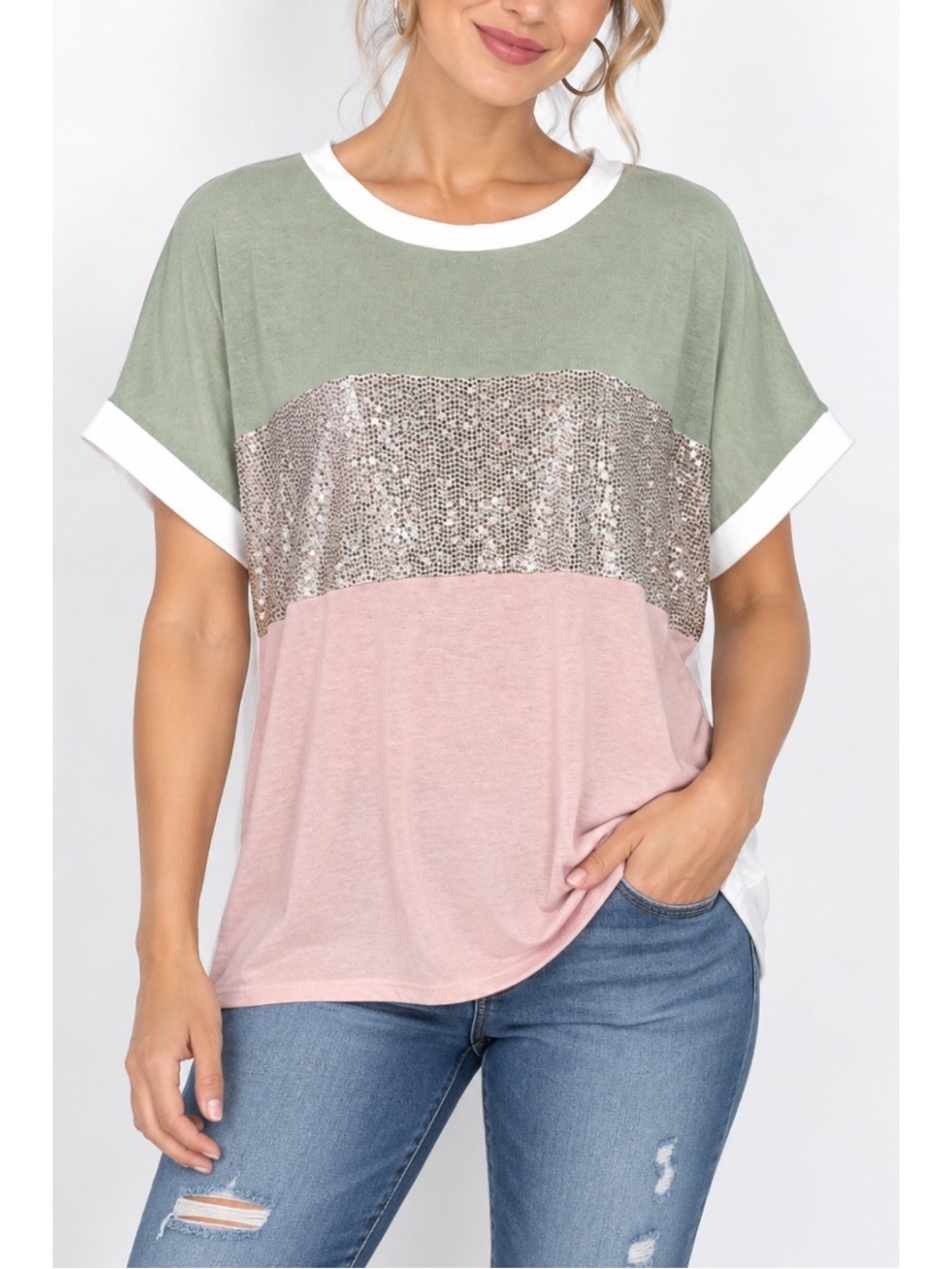 First Love peach/green/white shimmery tee with dolman style sleeves